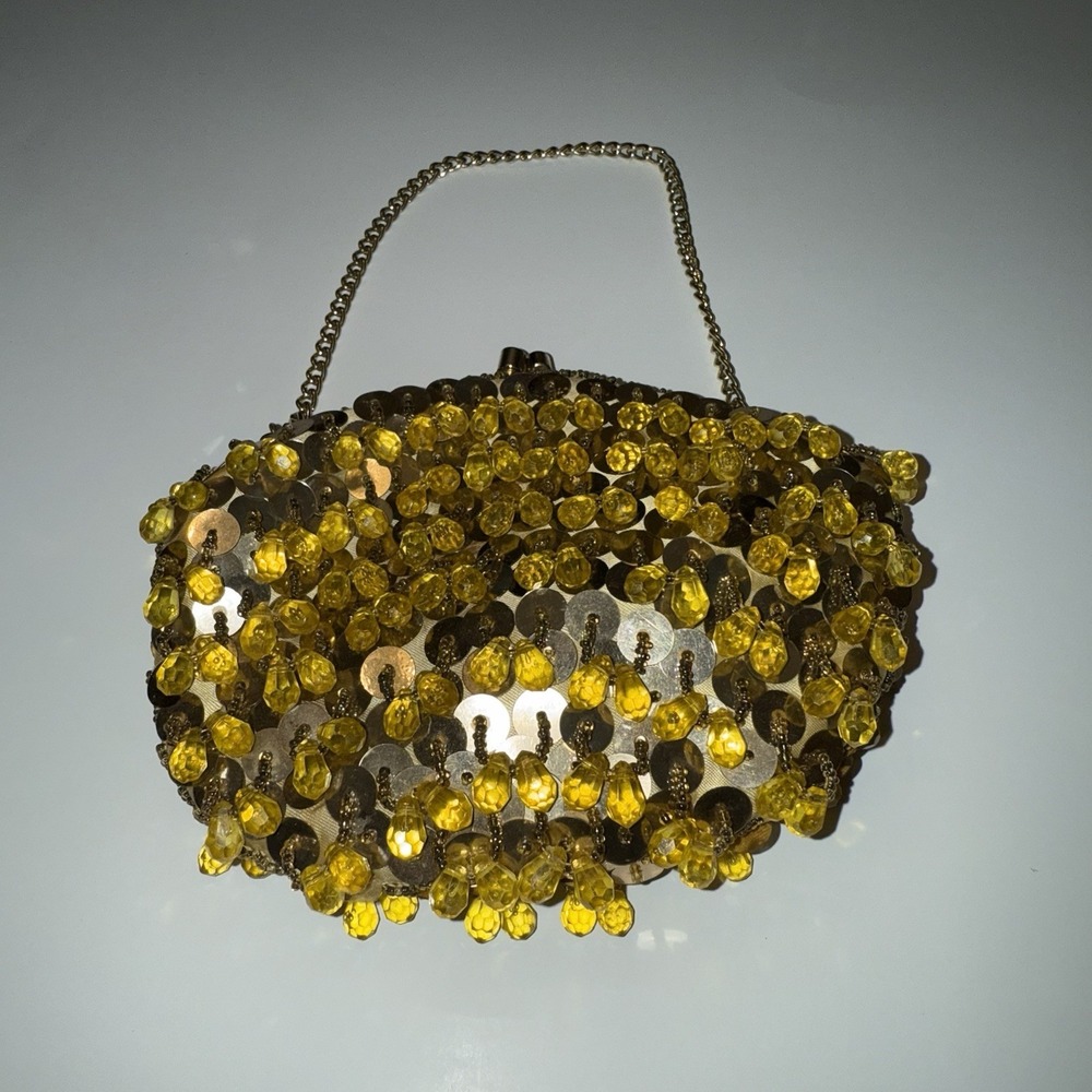 Vintage 1960s‎ Gold Sequin Yellow Teardrop Beads Evening Bag Old Money Chic